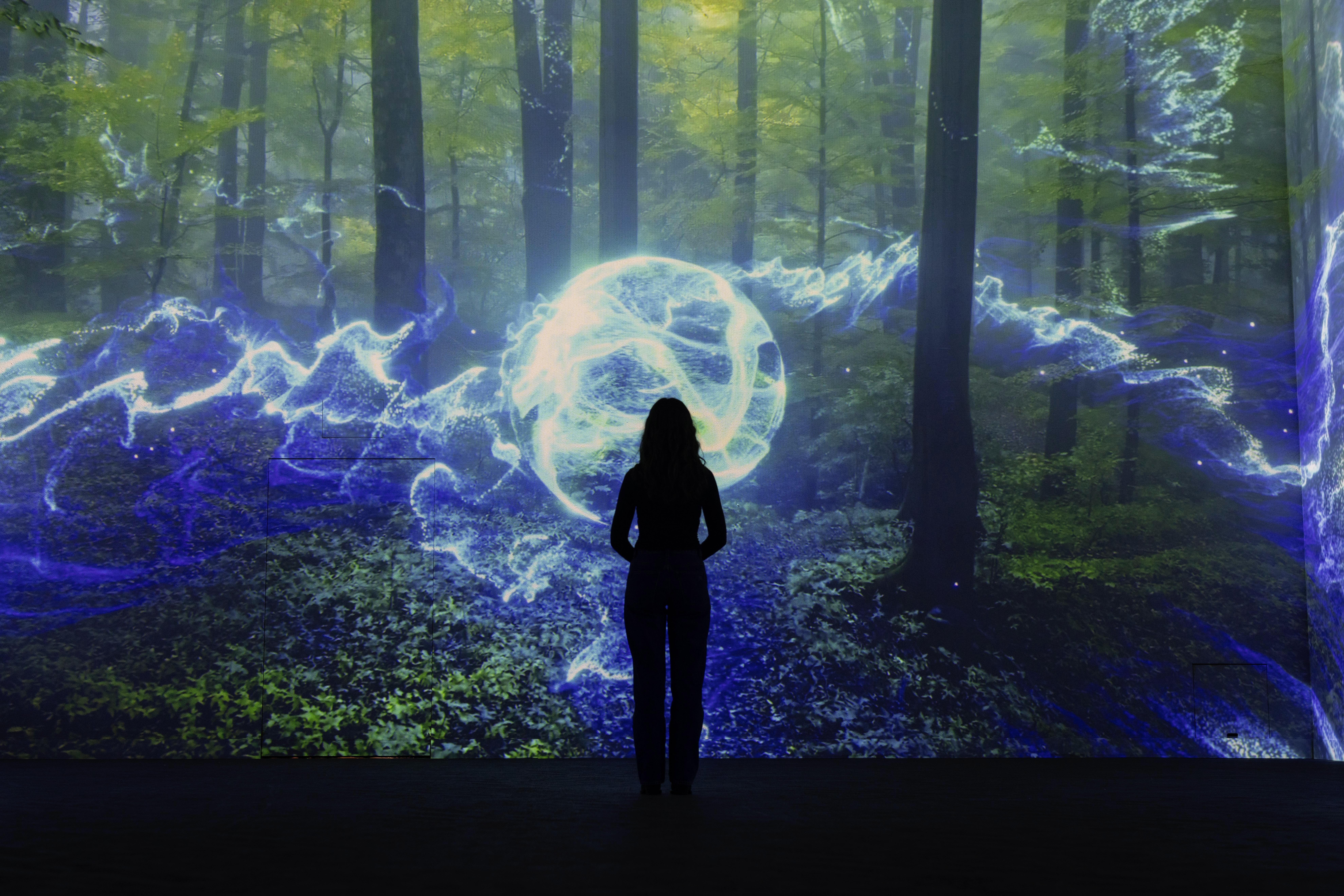 Visitors standing within the Sol Bound I environment, surrounded by flowing light and texture