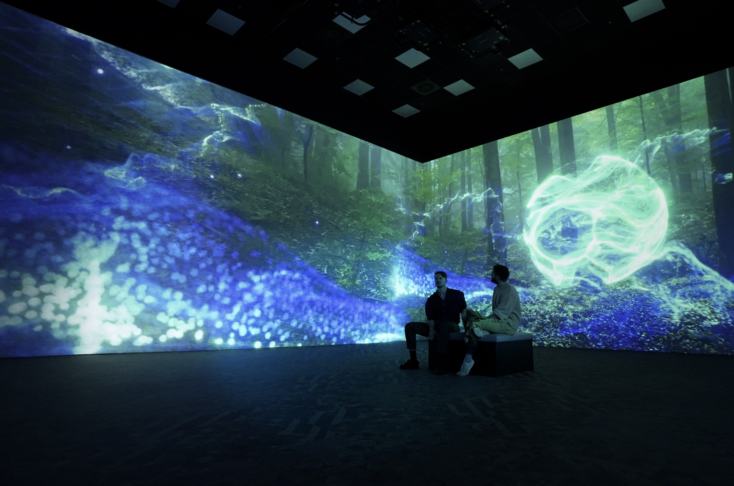 Detail of flowing particle light layered over filmed mountainscape in Sol Bound I